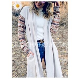 Oatmeal Aztec Sleeve Pattern Long Cardigan